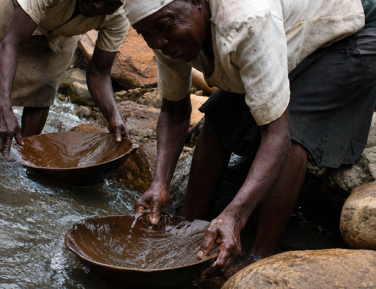 Mineros de subsistencia (barequeros) lavando material aurífero con bateas en un río