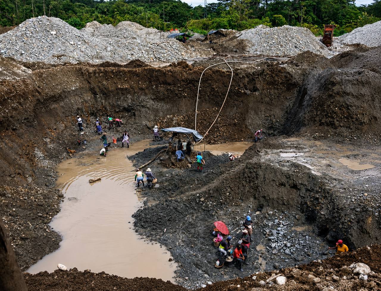 Vista panorámica de una zona de barequeo de subsistencia rodeada de selva en el Chocó