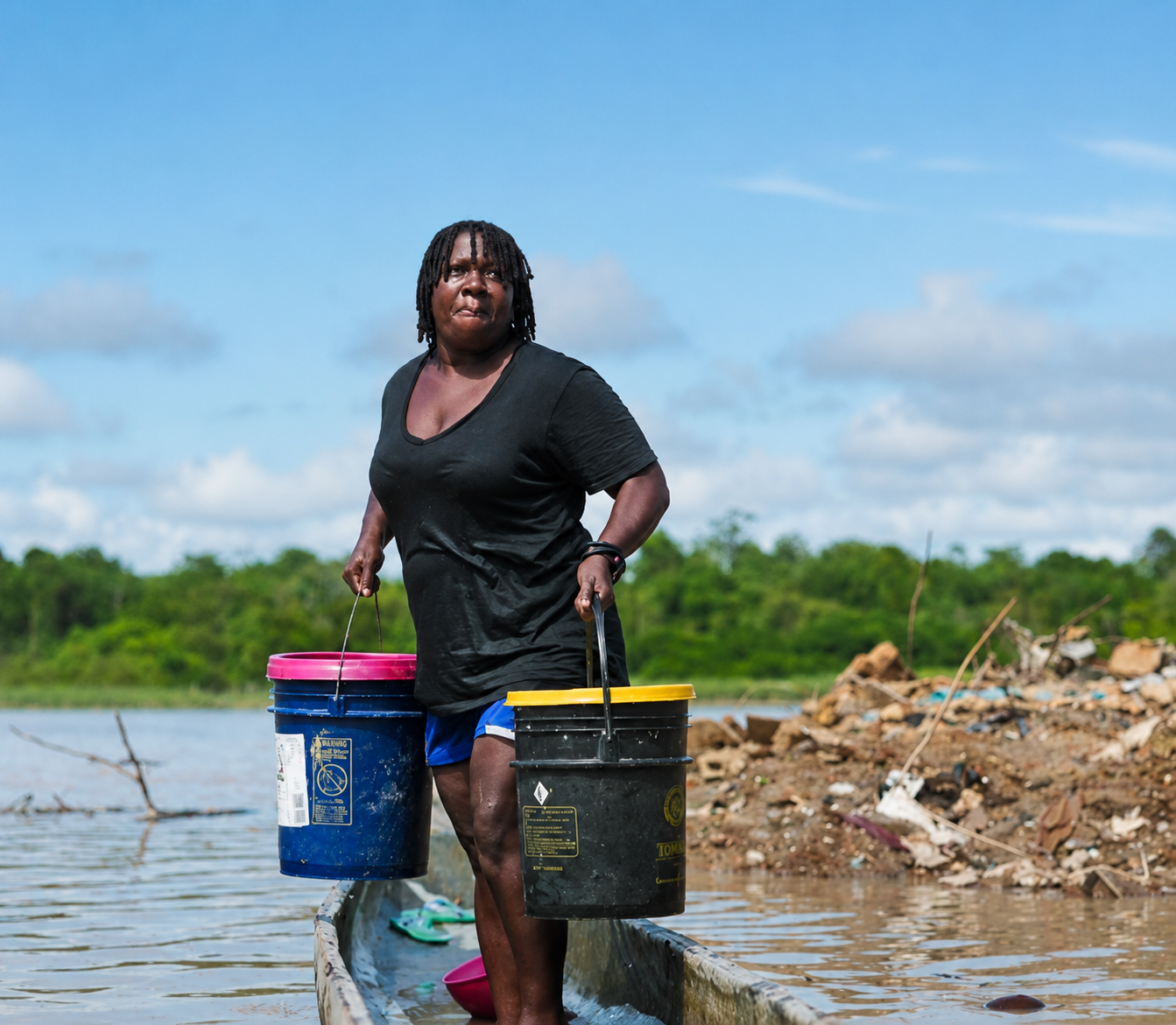 Minera de subsistencia (barequera) sobre una canoa cargando baldes con material aurífero en un río del Chocó